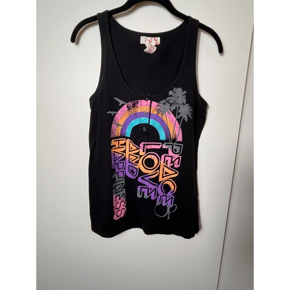 OP Peace Love Happiness Rainbow Graphic Tank Top Juniors L 11-13 Y2K Surf